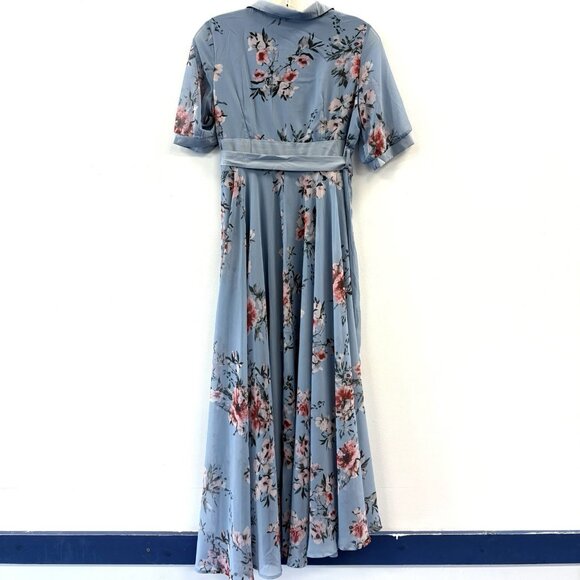 NWOT Womens Blue Floral Gown Dress Empire Waist Chiffon Size XL Crossover Front - Picture 2 of 12